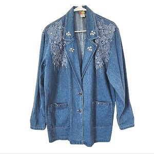 Vintage Cactus Denim Crystal Embellished Blazer Small